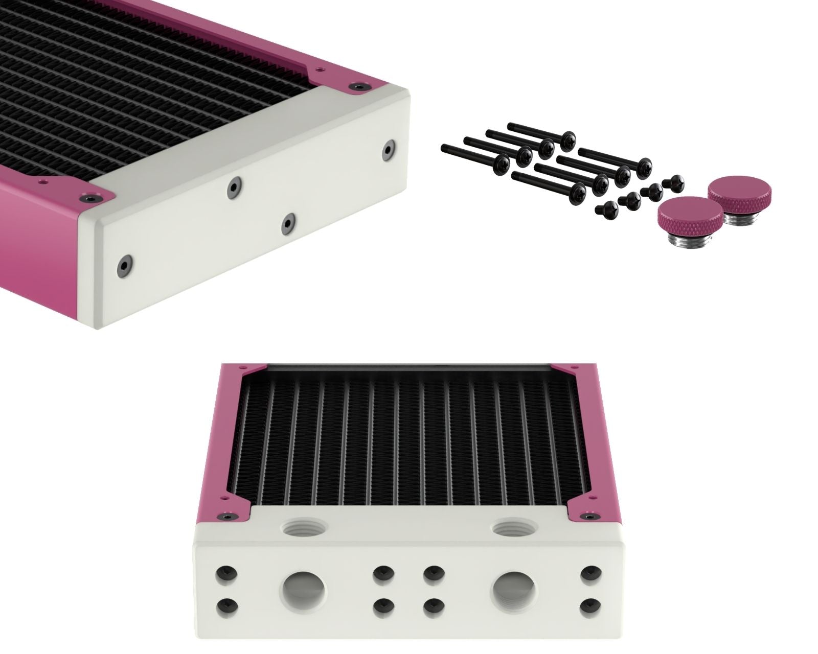 PrimoChill 240SL (30mm) EXIMO Modular Radiator, White POM, 2x120mm, Dual Fan (R-SL-W24) Available in 20+ Colors, Assembled in USA and Custom Watercooling Loop Ready - Magenta