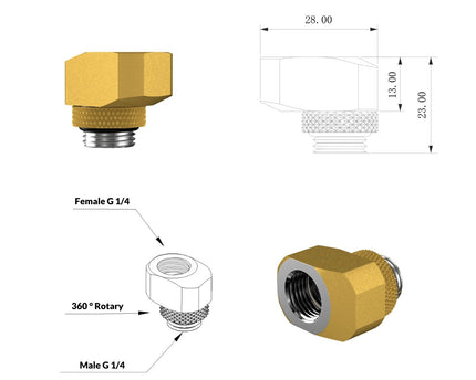 PrimoChill InterConnect SX Male to Female G 1/4in. Offset Full Rotary Fitting - 10mm - Gold