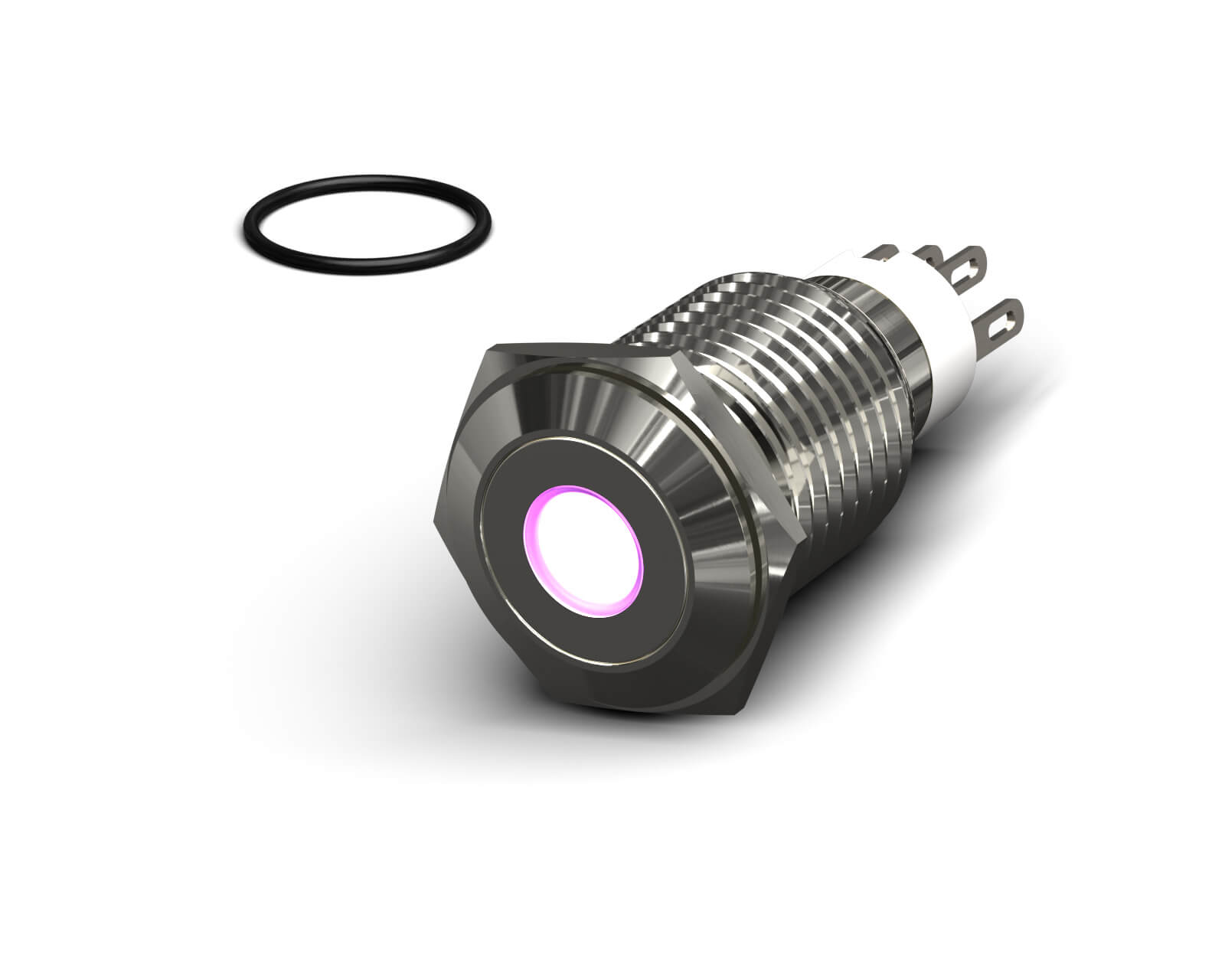PrimoChill Silver Aluminum Momentary Vandal Switch - 16mm - Dot Illumination - Purple LED - Purple LED Dot