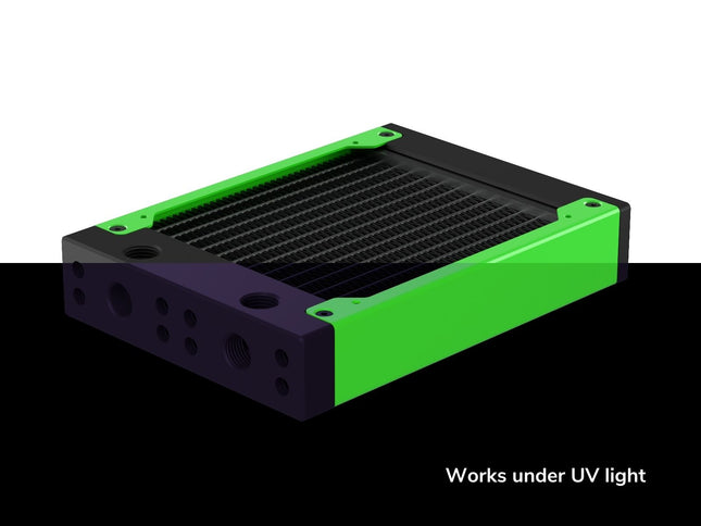 PrimoChill 120SL (30mm) EXIMO Modular Radiator, Black POM, 1x120mm, Single Fan (R-SL-BK12) Available in 20+ Colors, Assembled in USA and Custom Watercooling Loop Ready - UV Green