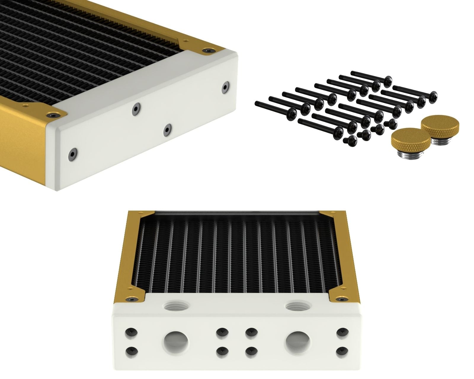 PrimoChill 480SL (30mm) EXIMO Modular Radiator, White POM, 4x120mm, Quad Fan (R-SL-W48) Available in 20+ Colors, Assembled in USA and Custom Watercooling Loop Ready - Gold