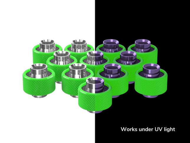 PrimoChill SecureFit SX - Premium Compression Fittings 12 Pack - For 1/2in ID x 3/4in OD Flexible Tubing (F-SFSX34-12) - Available in 20+ Colors, Custom Watercooling Loop Ready - UV Green