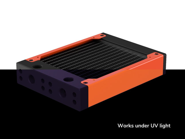 PrimoChill 120SL (30mm) EXIMO Modular Radiator, Black POM, 1x120mm, Single Fan (R-SL-BK12) Available in 20+ Colors, Assembled in USA and Custom Watercooling Loop Ready - UV Orange