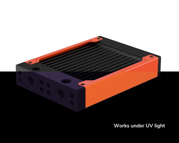 PrimoChill 120SL (30mm) EXIMO Modular Radiator, Black POM, 1x120mm, Single Fan (R-SL-BK12) Available in 20+ Colors, Assembled in USA and Custom Watercooling Loop Ready - PrimoChill - KEEPING IT COOL UV Orange