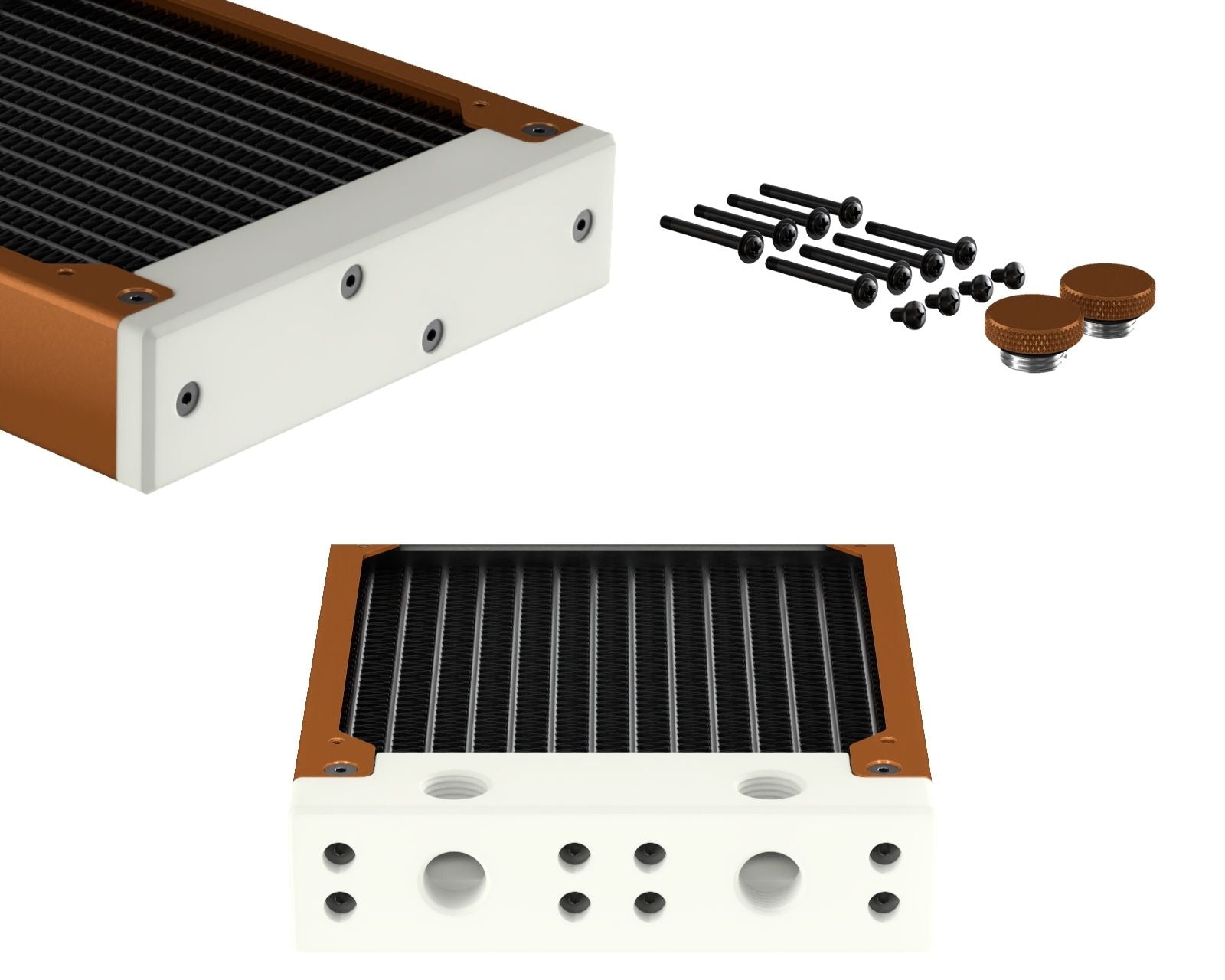 PrimoChill 240SL (30mm) EXIMO Modular Radiator, White POM, 2x120mm, Dual Fan (R-SL-W24) Available in 20+ Colors, Assembled in USA and Custom Watercooling Loop Ready - Copper