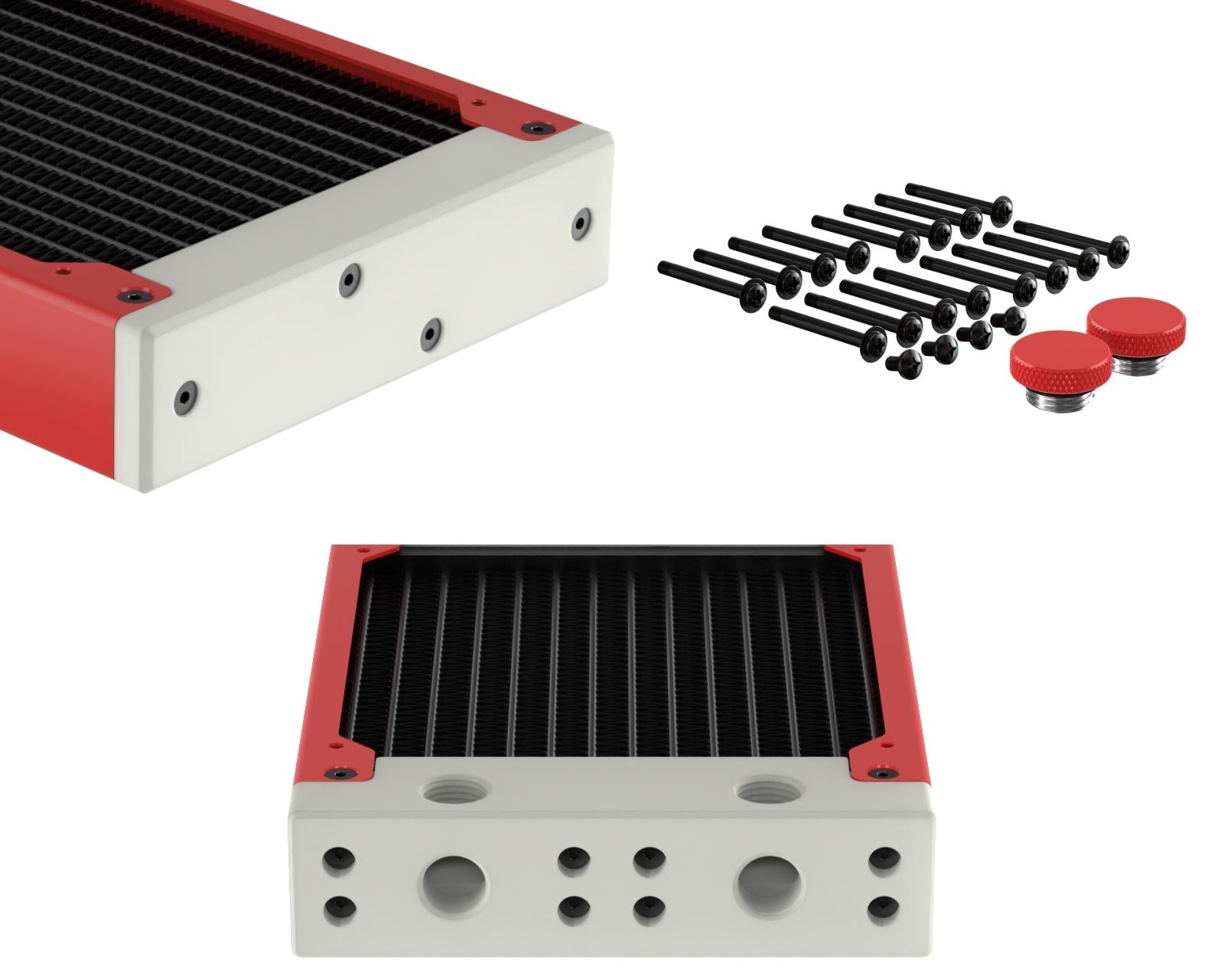 PrimoChill 480SL (30mm) EXIMO Modular Radiator, White POM, 4x120mm, Quad Fan (R-SL-W48) Available in 20+ Colors, Assembled in USA and Custom Watercooling Loop Ready - Razor Red