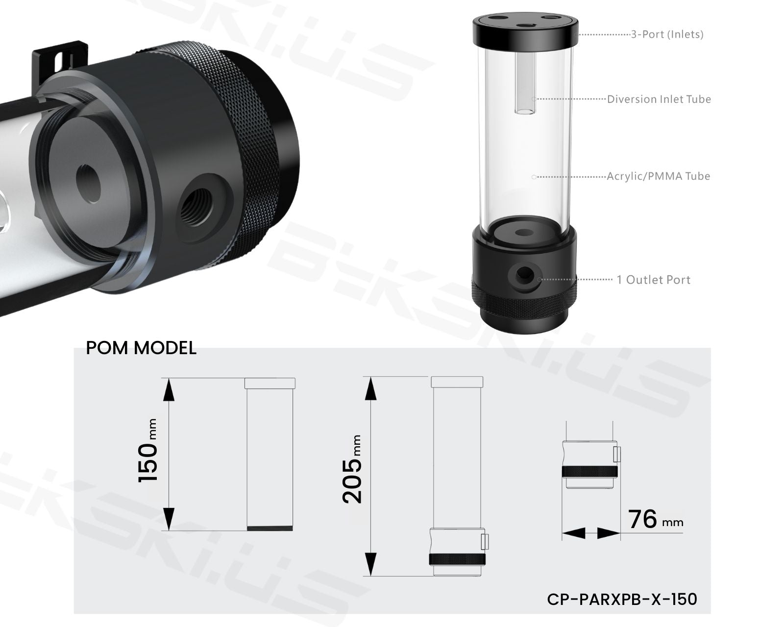 Bykski Silent PARX Pump (330L/H) / Acrylic Reservoir Combo - Black POM (CP-PARX-X-CT60) - POM,150mm