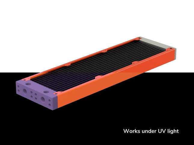 PrimoChill 360SL (30mm) EXIMO Modular Radiator, White POM, 3x120mm, Triple Fan (R-SL-W36) Available in 20+ Colors, Assembled in USA and Custom Watercooling Loop Ready - UV Orange