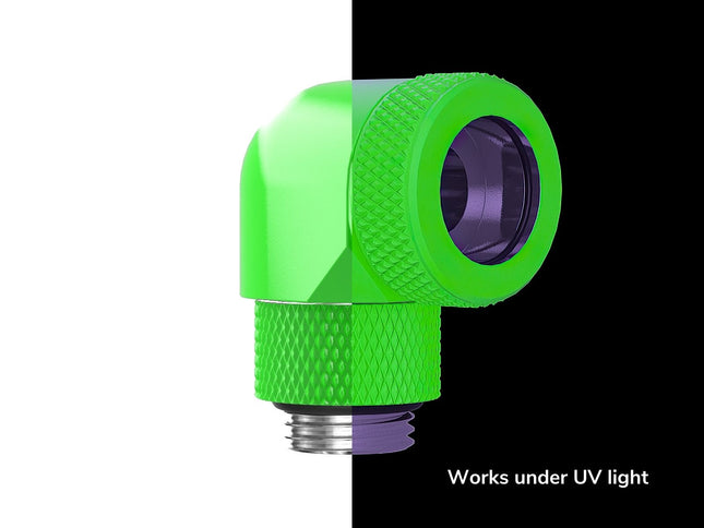 PrimoChill InterConnect SX Premium G1/4 to 90 Degree Adapter Fitting for 14MM Rigid Tubing (FA-G9014) - UV Green