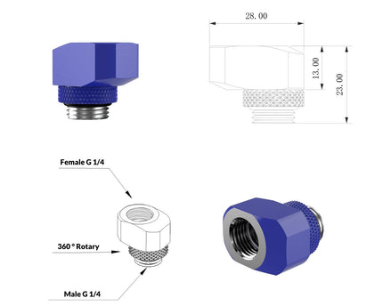 PrimoChill InterConnect SX Male to Female G 1/4in. Offset Full Rotary Fitting - 10mm - True Blue