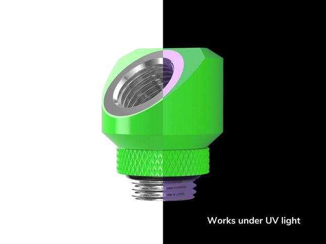 PrimoChill InterConnectSX Flat 45 Degree Rotary Fitting (FAF45) – Enhanced PC Cooling with Sleek Aesthetics - Available in 20+ Colors, Custom Watercooling Loop Ready - UV Green