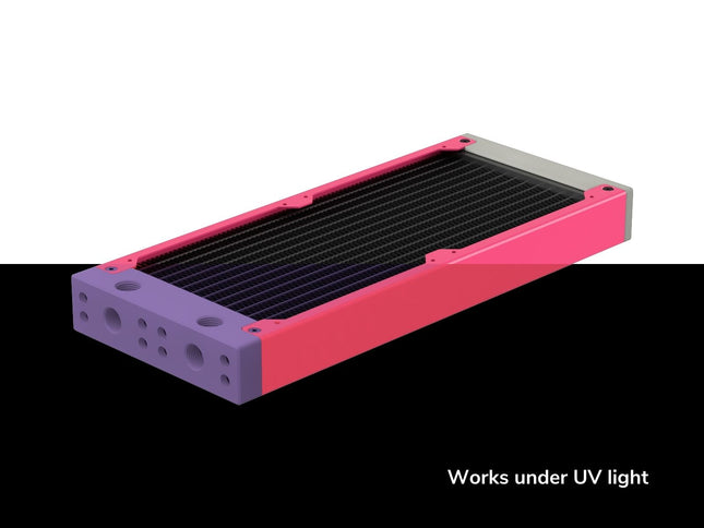PrimoChill 240SL (30mm) EXIMO Modular Radiator, White POM, 2x120mm, Dual Fan (R-SL-W24) Available in 20+ Colors, Assembled in USA and Custom Watercooling Loop Ready - UV Pink