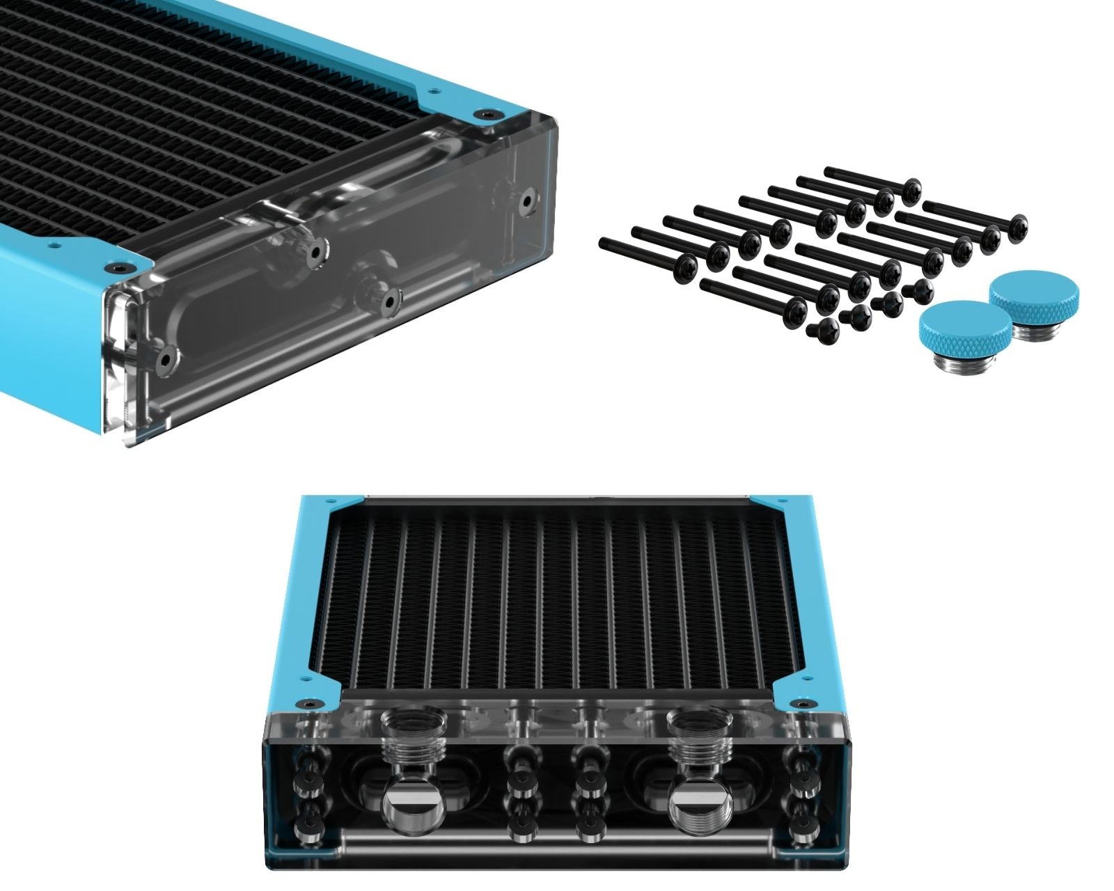 PrimoChill 480SL (30mm) EXIMO Modular Radiator, Clear Acrylic, 4x120mm, Quad Fan (R-SL-A48) Available in 20+ Colors, Assembled in USA and Custom Watercooling Loop Ready - Sky Blue