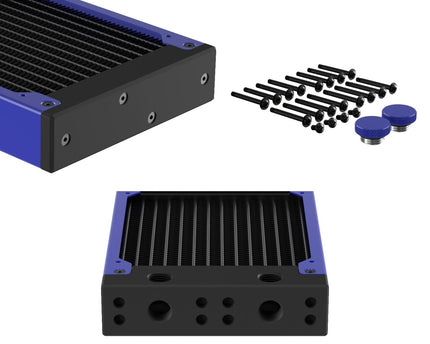 PrimoChill 480SL (30mm) EXIMO Modular Radiator, Black POM, 4x120mm, Quad Fan (R-SL-BK48) Available in 20+ Colors, Assembled in USA and Custom Watercooling Loop Ready - True Blue