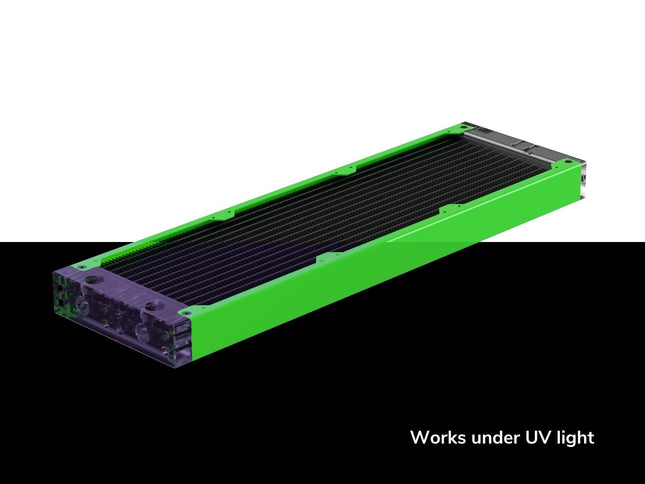 PrimoChill 360SL (30mm) EXIMO Modular Radiator, Clear Acrylic, 3x120mm, Triple Fan (R-SL-A36) Available in 20+ Colors, Assembled in USA and Custom Watercooling Loop Ready - UV Green