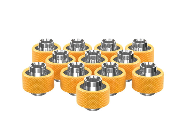 PrimoChill SecureFit SX - Premium Compression Fittings 12 Pack - For 1/2in ID x 3/4in OD Flexible Tubing (F-SFSX34-12) - Available in 20+ Colors, Custom Watercooling Loop Ready - Yellow