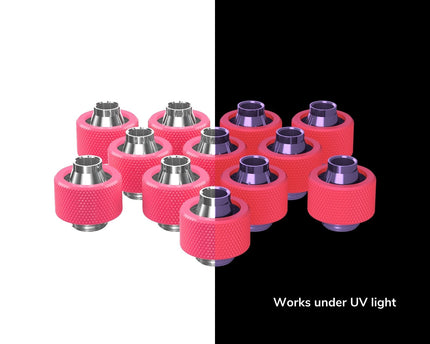 PrimoChill SecureFit SX - Premium Compression Fitting For 7/16in ID x 5/8in OD Flexible Tubing 12 Pack (F-SFSX758-12) - Available in 20+ Colors, Custom Watercooling Loop Ready - PrimoChill - KEEPING IT COOL UV Pink