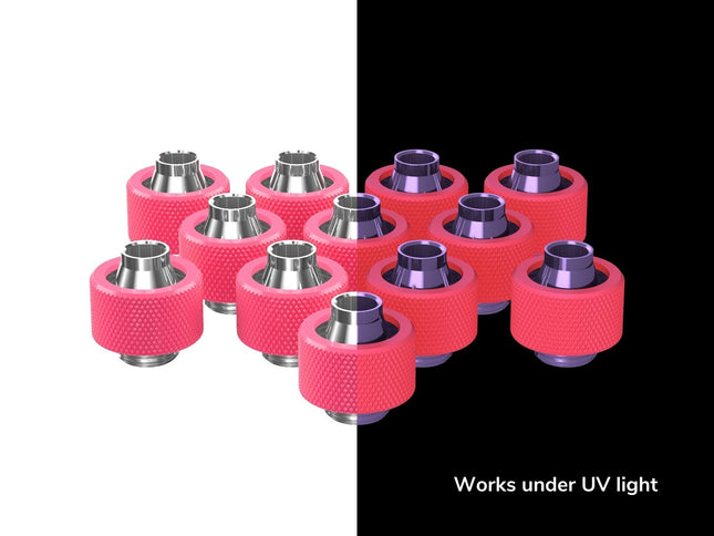 PrimoChill SecureFit SX - Premium Compression Fitting For 7/16in ID x 5/8in OD Flexible Tubing 12 Pack (F-SFSX758-12) - Available in 20+ Colors, Custom Watercooling Loop Ready - UV Pink
