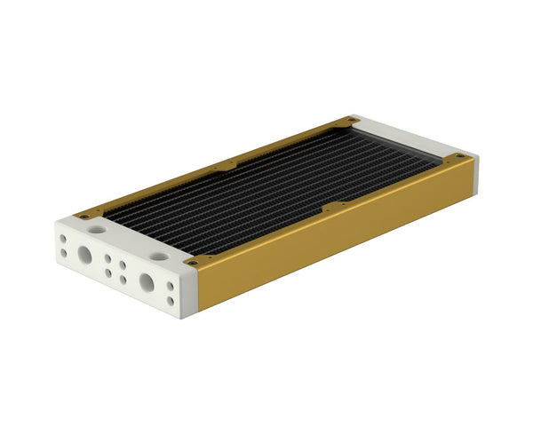 PrimoChill 240SL (30mm) EXIMO Modular Radiator, White POM, 2x120mm, Dual Fan (R-SL-W24) Available in 20+ Colors, Assembled in USA and Custom Watercooling Loop Ready - Gold