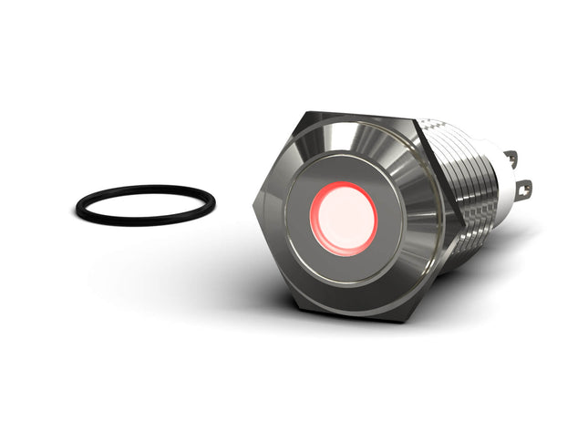 PrimoChill Silver Aluminum Momentary Vandal Switch - 16mm - Dot Illumination - Red LED - Red LED Dot