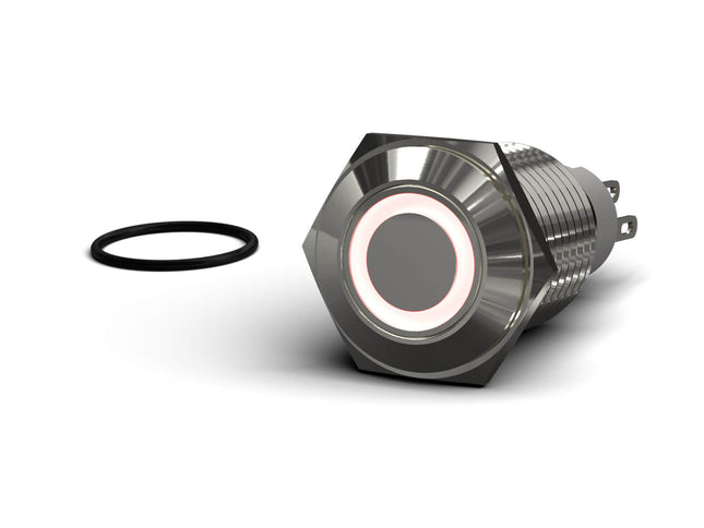 PrimoChill Silver Aluminum Latching Vandal Switch - 16mm - Ring Illumination - Red LED - Red LED Ring
