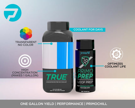 PrimoChill True - Computer WaterCooling Coolant, Concentrate, Low-Conductive, Transparent, Full Protection, PrimoPrep Included, Proudly Made in the USA (Yields a Gallon of Coolant) - Clear/UV Blue