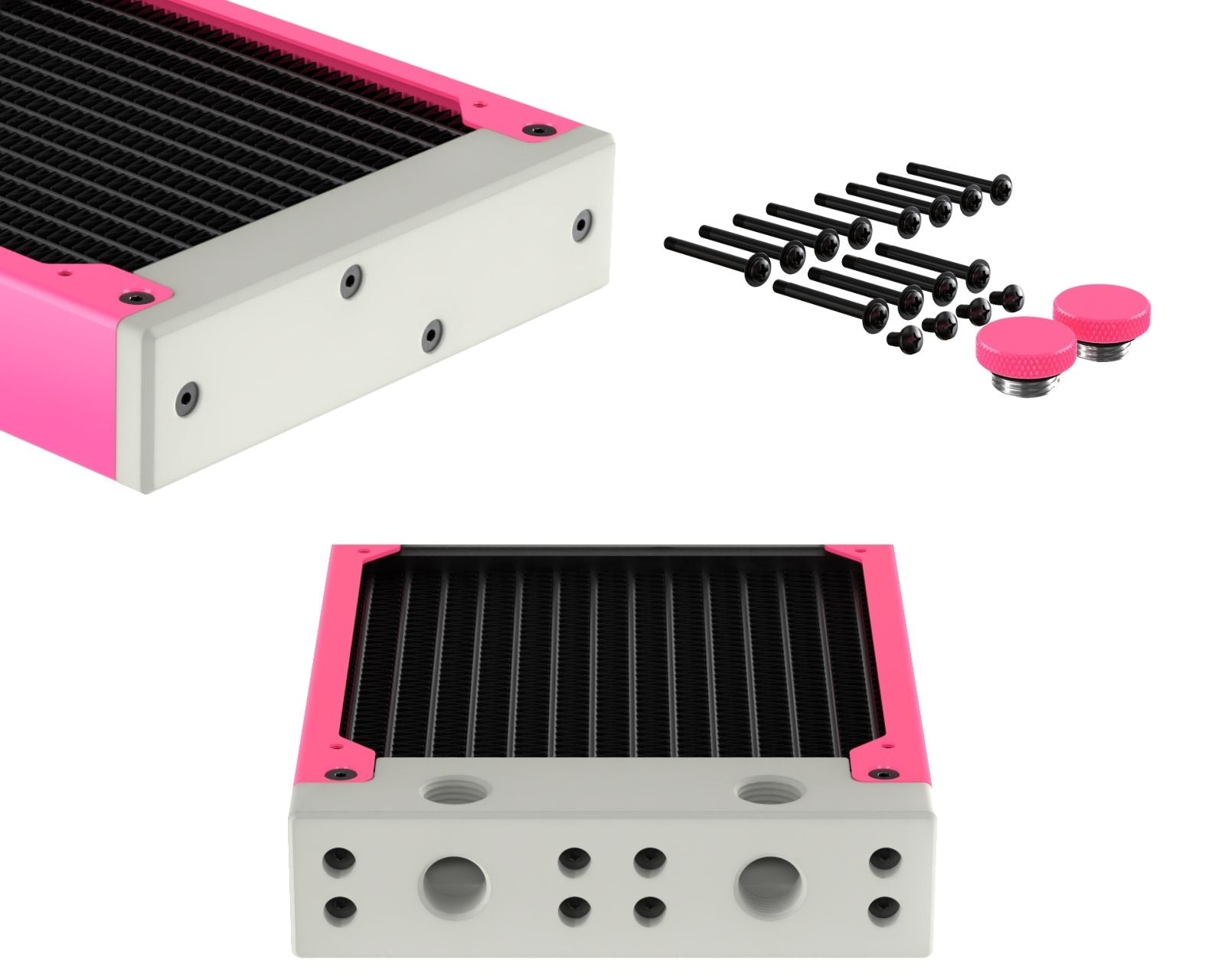 PrimoChill 360SL (30mm) EXIMO Modular Radiator, White POM, 3x120mm, Triple Fan (R-SL-W36) Available in 20+ Colors, Assembled in USA and Custom Watercooling Loop Ready - UV Pink