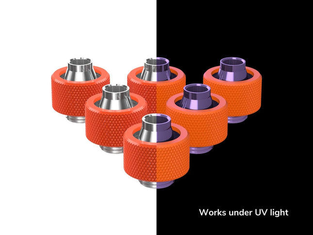 PrimoChill SecureFit SX - Premium Compression Fitting For 7/16in ID x 5/8in OD Flexible Tubing 6 Pack (F-SFSX758-6) - Available in 20+ Colors, Custom Watercooling Loop Ready - UV Orange