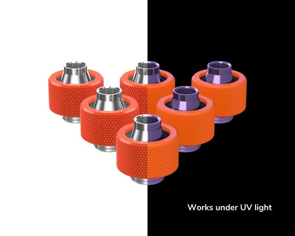 PrimoChill SecureFit SX - Premium Compression Fitting For 7/16in ID x 5/8in OD Flexible Tubing 6 Pack (F-SFSX758-6) - Available in 20+ Colors, Custom Watercooling Loop Ready - PrimoChill - KEEPING IT COOL UV Orange