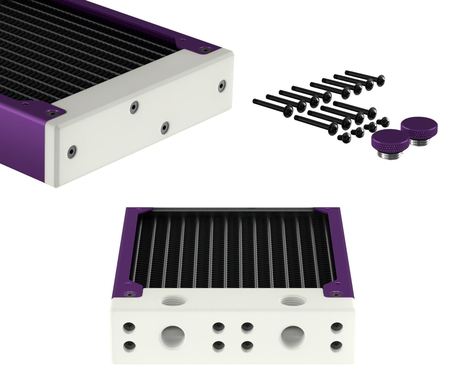 PrimoChill 360SL (30mm) EXIMO Modular Radiator, White POM, 3x120mm, Triple Fan (R-SL-W36) Available in 20+ Colors, Assembled in USA and Custom Watercooling Loop Ready - Candy Purple