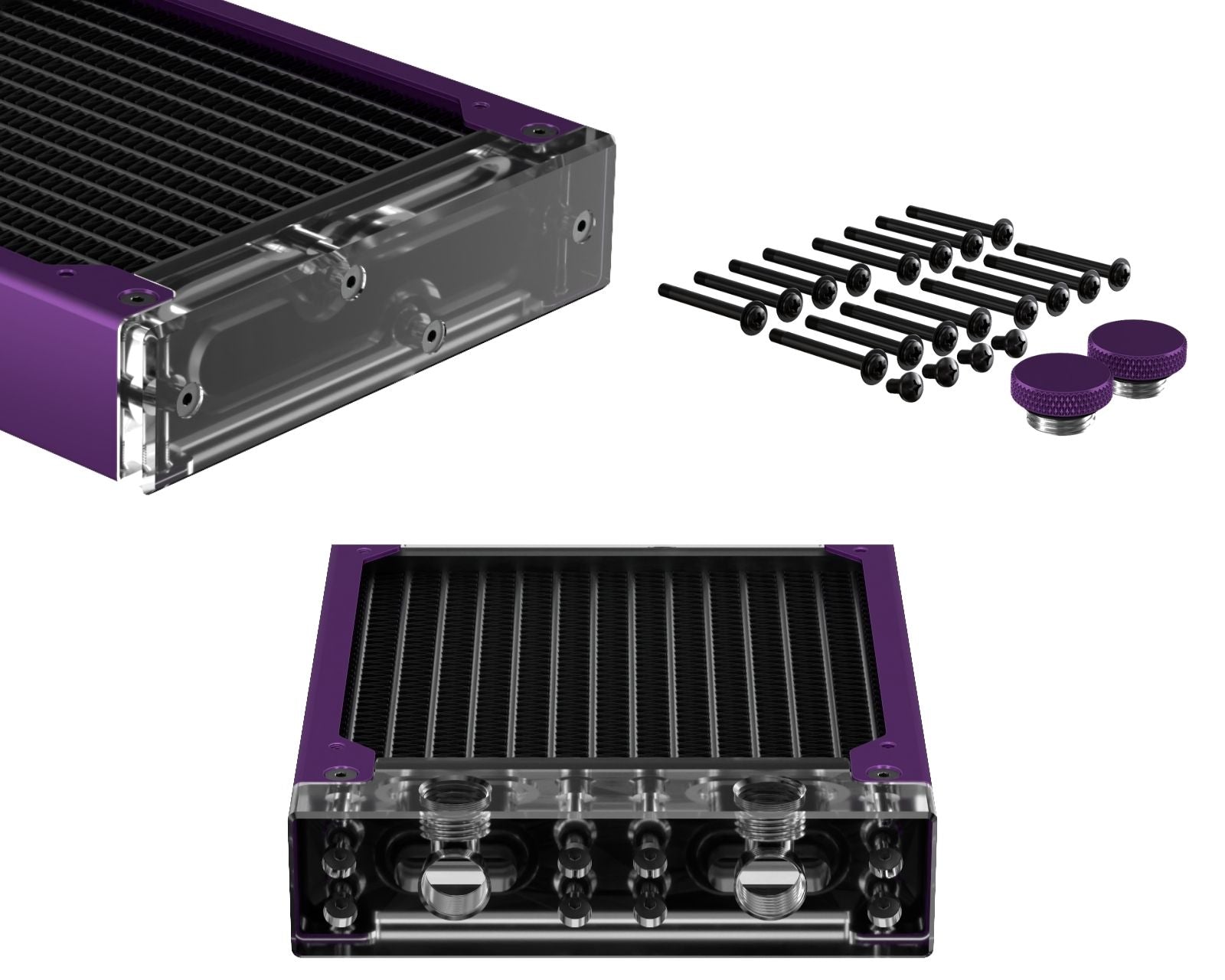 PrimoChill 480SL (30mm) EXIMO Modular Radiator, Clear Acrylic, 4x120mm, Quad Fan (R-SL-A48) Available in 20+ Colors, Assembled in USA and Custom Watercooling Loop Ready - Candy Purple