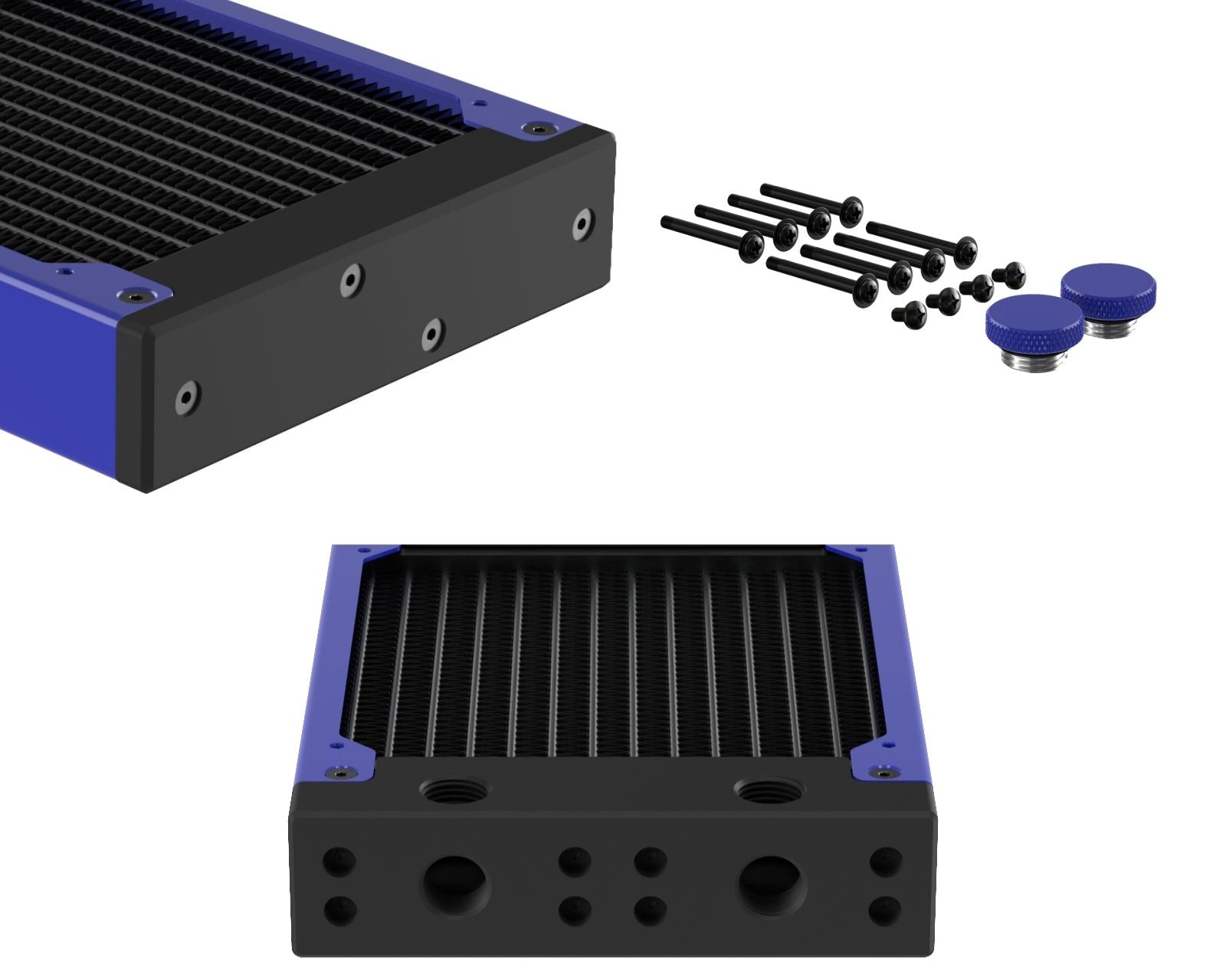 PrimoChill 240SL (30mm) EXIMO Modular Radiator, Black POM, 2x120mm, Dual Fan (R-SL-BK24) Available in 20+ Colors, Assembled in USA and Custom Watercooling Loop Ready - True Blue
