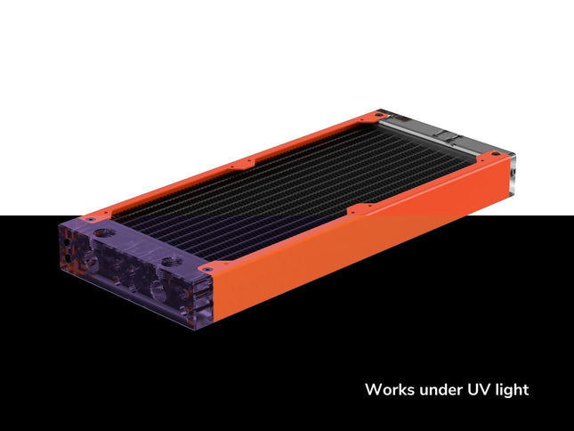 PrimoChill 240SL (30mm) EXIMO Modular Radiator, Clear Acrylic, 2x120mm, Dual Fan (R-SL-A24) Available in 20+ Colors, Assembled in USA and Custom Watercooling Loop Ready - UV Orange