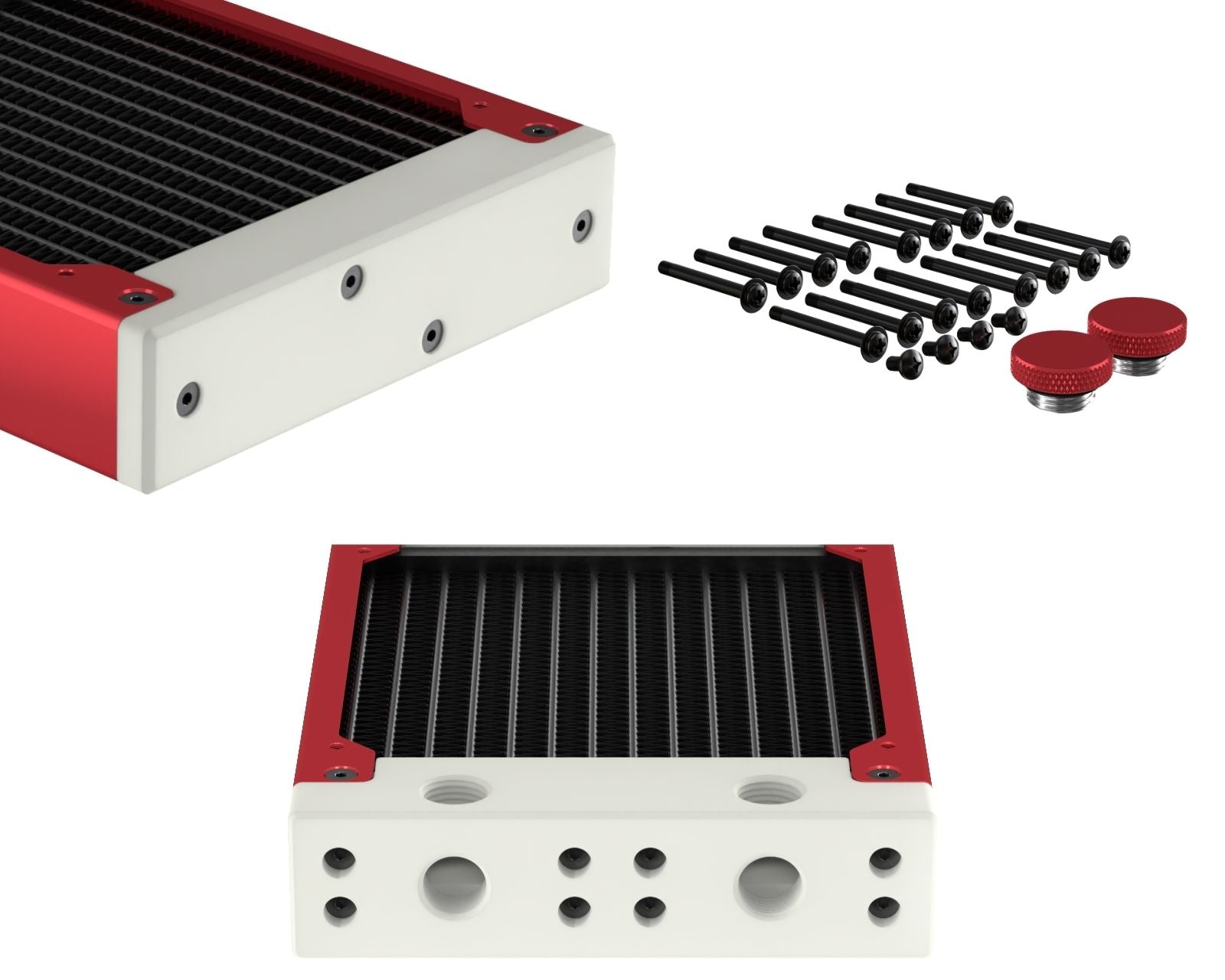 PrimoChill 480SL (30mm) EXIMO Modular Radiator, White POM, 4x120mm, Quad Fan (R-SL-W48) Available in 20+ Colors, Assembled in USA and Custom Watercooling Loop Ready - Candy Red