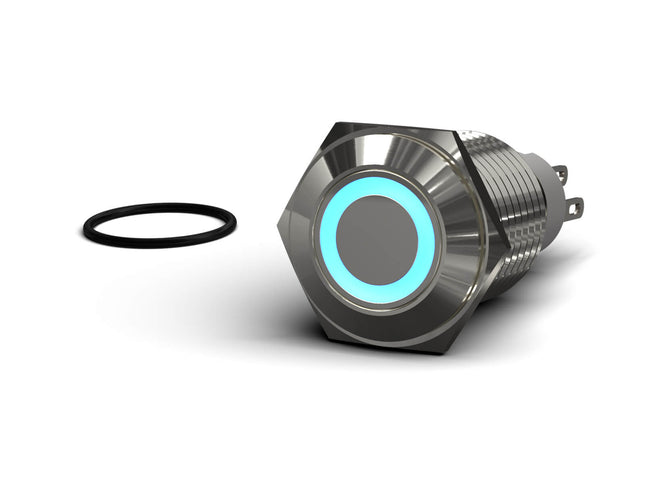 PrimoChill Silver Aluminum Latching Vandal Switch - 16mm - Ring Illumination - Blue LED - Blue LED Ring