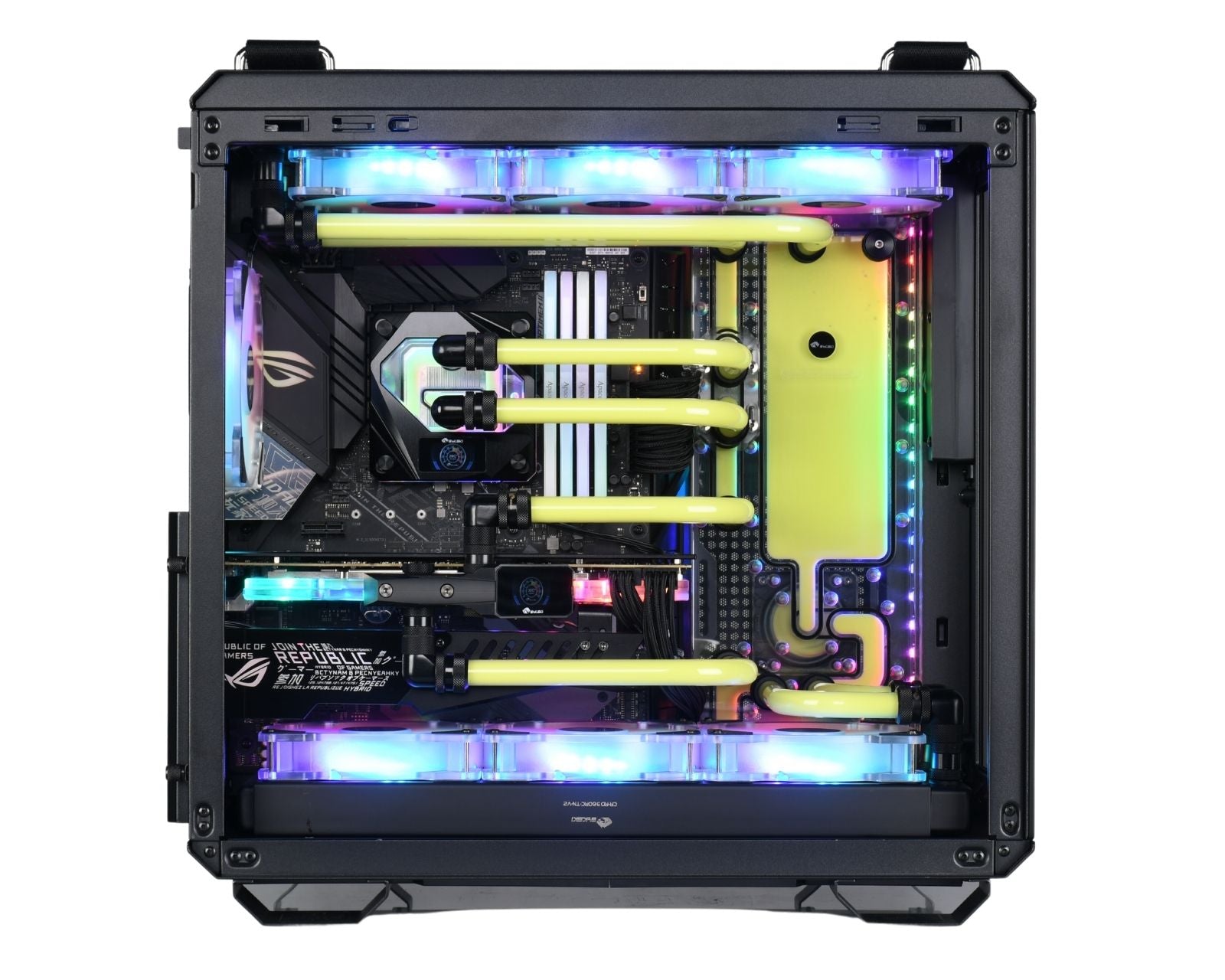 Bykski Distro Plate For ASUS TUF Gaming GT502 PMMA w/ 5v Addressable RGB (RBW) (RGV-AS-GT502-P-K) - DDC Pump With Armor