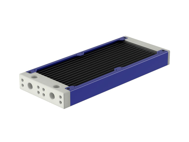 PrimoChill 240SL (30mm) EXIMO Modular Radiator, White POM, 2x120mm, Dual Fan (R-SL-W24) Available in 20+ Colors, Assembled in USA and Custom Watercooling Loop Ready - True Blue