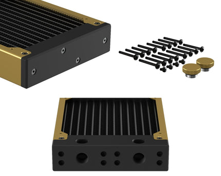 PrimoChill 480SL (30mm) EXIMO Modular Radiator, Black POM, 4x120mm, Quad Fan (R-SL-BK48) Available in 20+ Colors, Assembled in USA and Custom Watercooling Loop Ready - Candy Gold