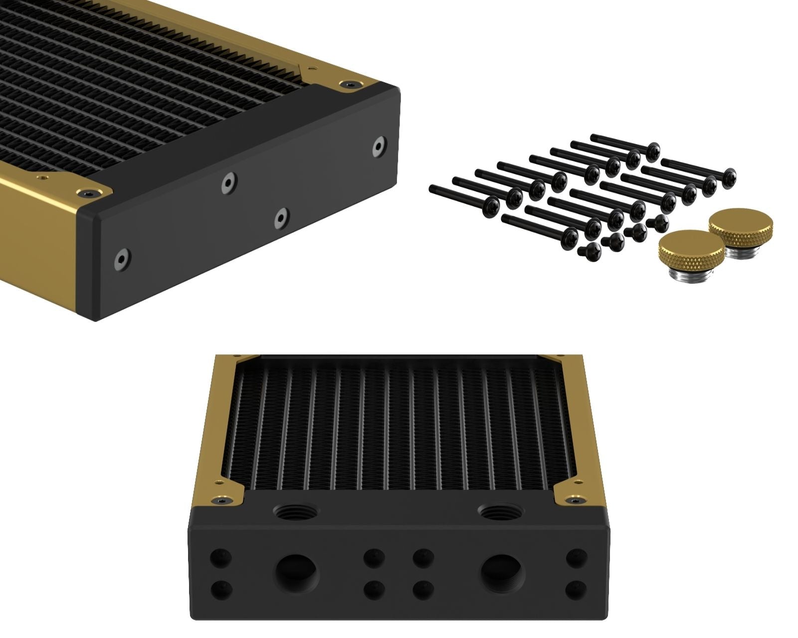 PrimoChill 480SL (30mm) EXIMO Modular Radiator, Black POM, 4x120mm, Quad Fan (R-SL-BK48) Available in 20+ Colors, Assembled in USA and Custom Watercooling Loop Ready - Candy Gold