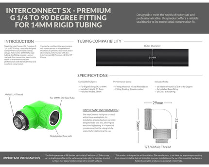 PrimoChill InterConnect SX Premium G1/4 to 90 Degree Adapter Fitting for 14MM Rigid Tubing (FA-G9014) - UV Green