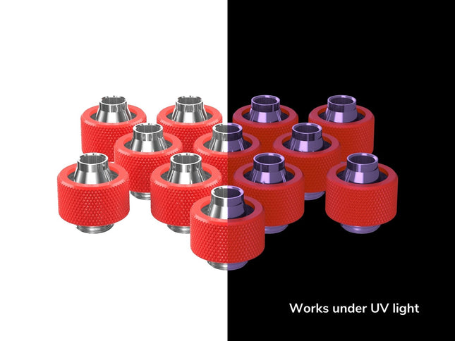 PrimoChill SecureFit SX - Premium Compression Fitting For 7/16in ID x 5/8in OD Flexible Tubing 12 Pack (F-SFSX758-12) - Available in 20+ Colors, Custom Watercooling Loop Ready - UV Red
