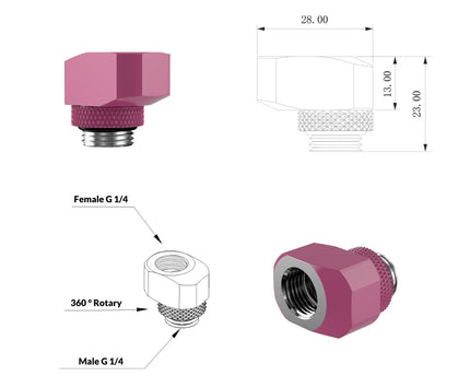 PrimoChill InterConnect SX Male to Female G 1/4in. Offset Full Rotary Fitting - 10mm - Magenta