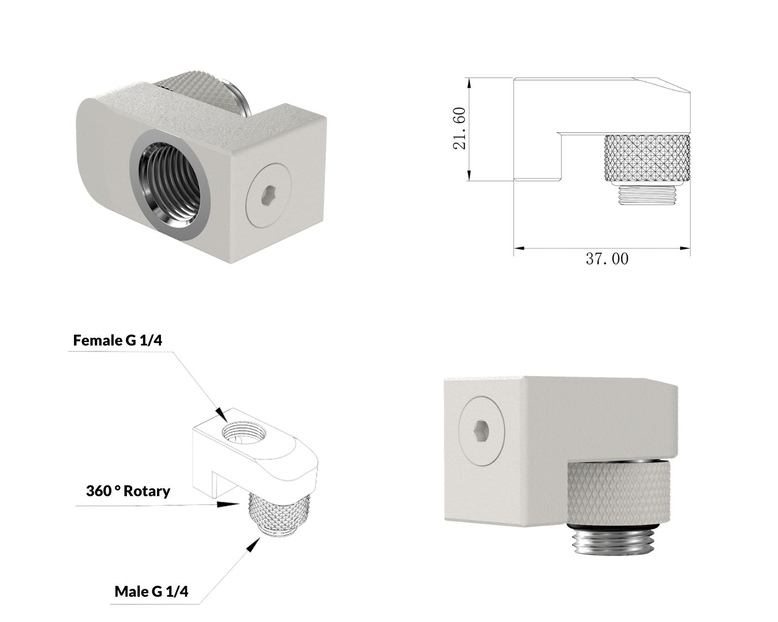 PrimoChill Male to Female G 1/4in. Supported Offset Rotary Fitting - TX Matte Silver