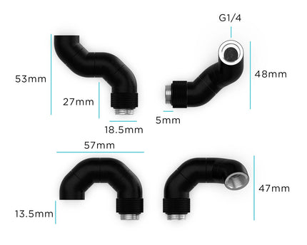 PrimoChill Male to Female G 1/4in. 180 Degree SX Triple Rotary Elbow Fitting - TX Matte Black
