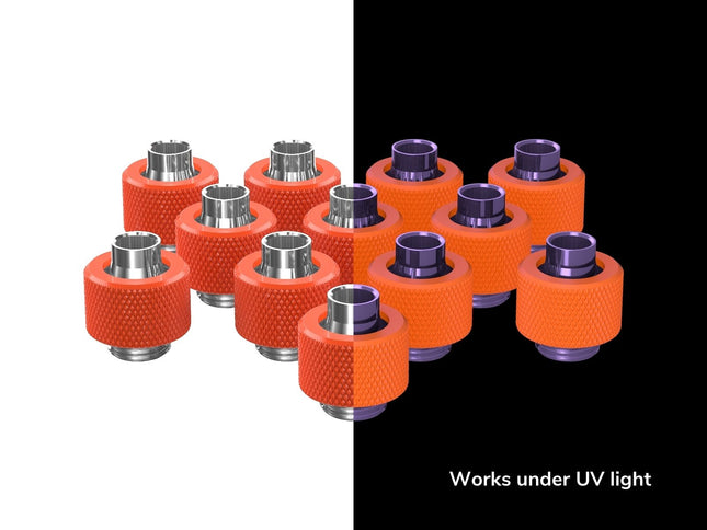 PrimoChill SecureFit SX - Premium Compression Fitting For 3/8in ID x 1/2in OD Flexible Tubing 12 Pack (F-SFSX12-12) - Available in 20+ Colors, Custom Watercooling Loop Ready - UV Orange