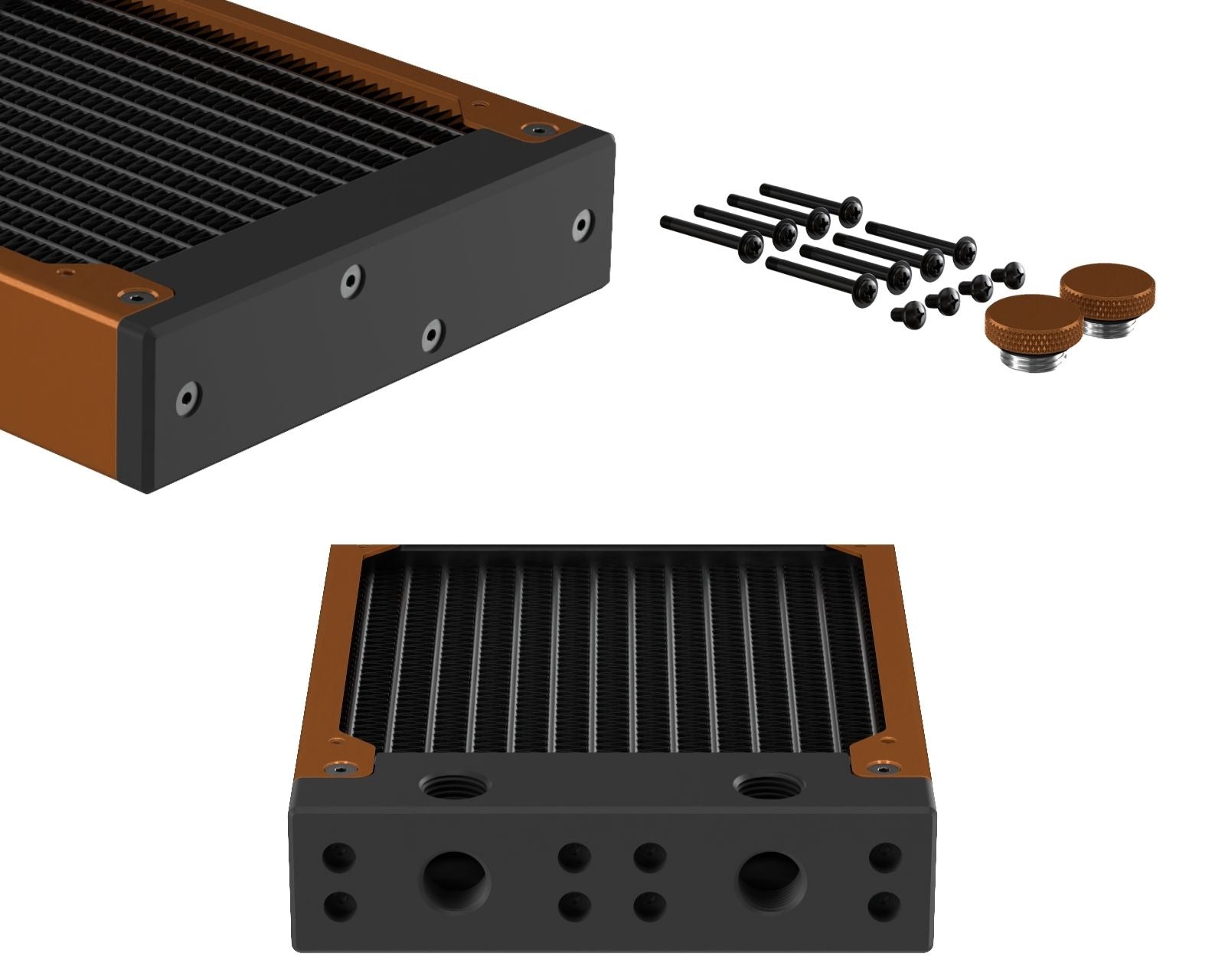 PrimoChill 240SL (30mm) EXIMO Modular Radiator, Black POM, 2x120mm, Dual Fan (R-SL-BK24) Available in 20+ Colors, Assembled in USA and Custom Watercooling Loop Ready - Copper