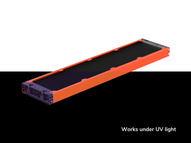 PrimoChill 480SL (30mm) EXIMO Modular Radiator, Clear Acrylic, 4x120mm, Quad Fan (R-SL-A48) Available in 20+ Colors, Assembled in USA and Custom Watercooling Loop Ready - UV Orange