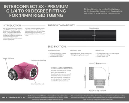 PrimoChill InterConnect SX Premium G1/4 to 90 Degree Adapter Fitting for 14MM Rigid Tubing (FA-G9014) - Magenta