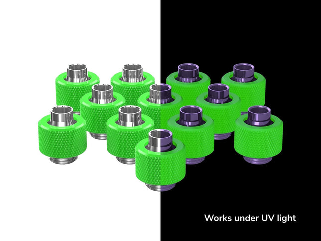 PrimoChill SecureFit SX - Premium Compression Fitting For 3/8in ID x 1/2in OD Flexible Tubing 12 Pack (F-SFSX12-12) - Available in 20+ Colors, Custom Watercooling Loop Ready - UV Green