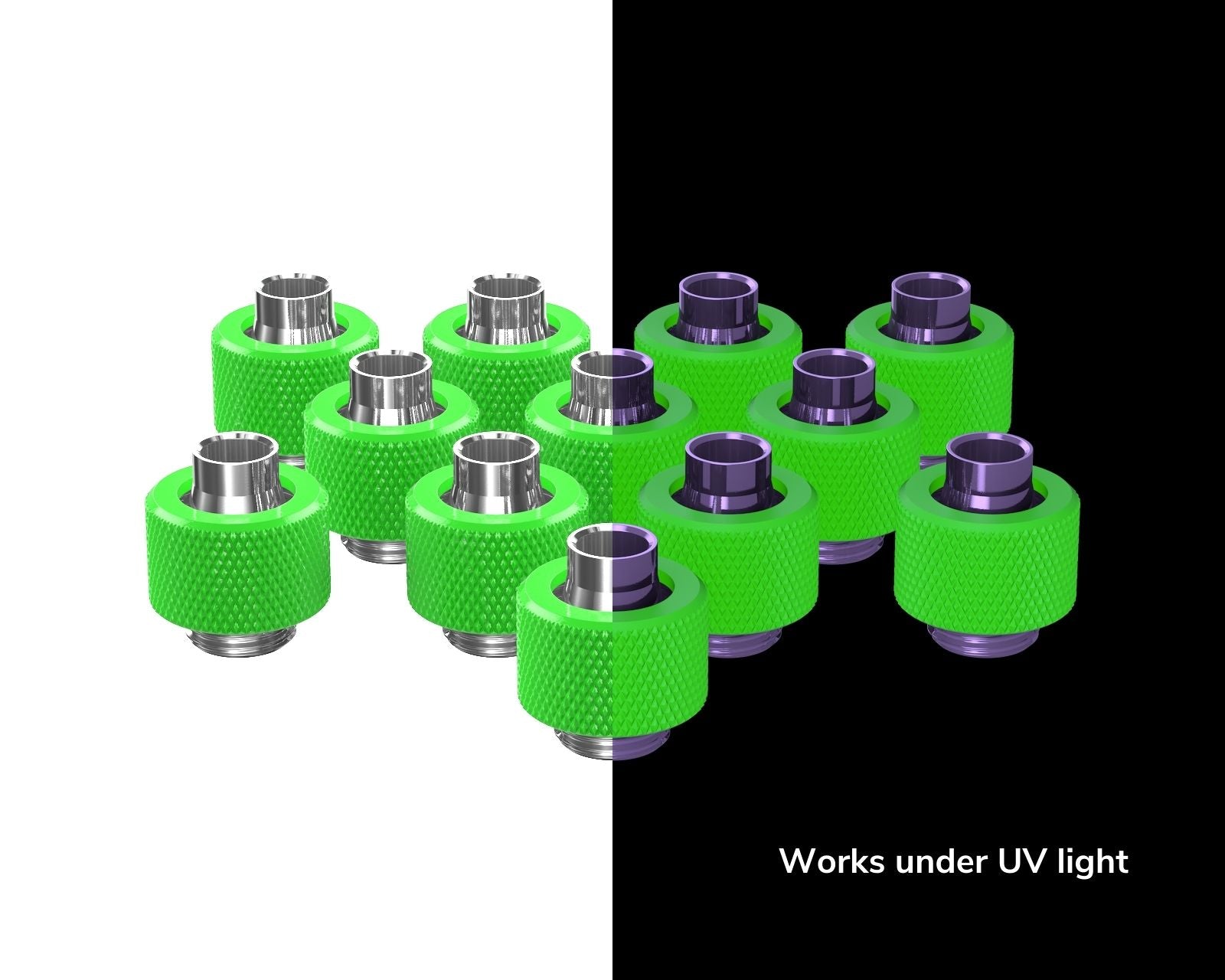 PrimoChill SecureFit SX - Premium Compression Fitting For 3/8in ID x 1/2in OD Flexible Tubing 12 Pack (F-SFSX12-12) - Available in 20+ Colors, Custom Watercooling Loop Ready - UV Green